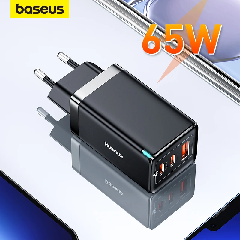 Блок питания Baseus 65W GaN быстрой зарядки Quick Charge 4.0 3.0 Type C PD USB с QC, портативный быстрый заряд для ноутбука iPhone 14 13 и др.