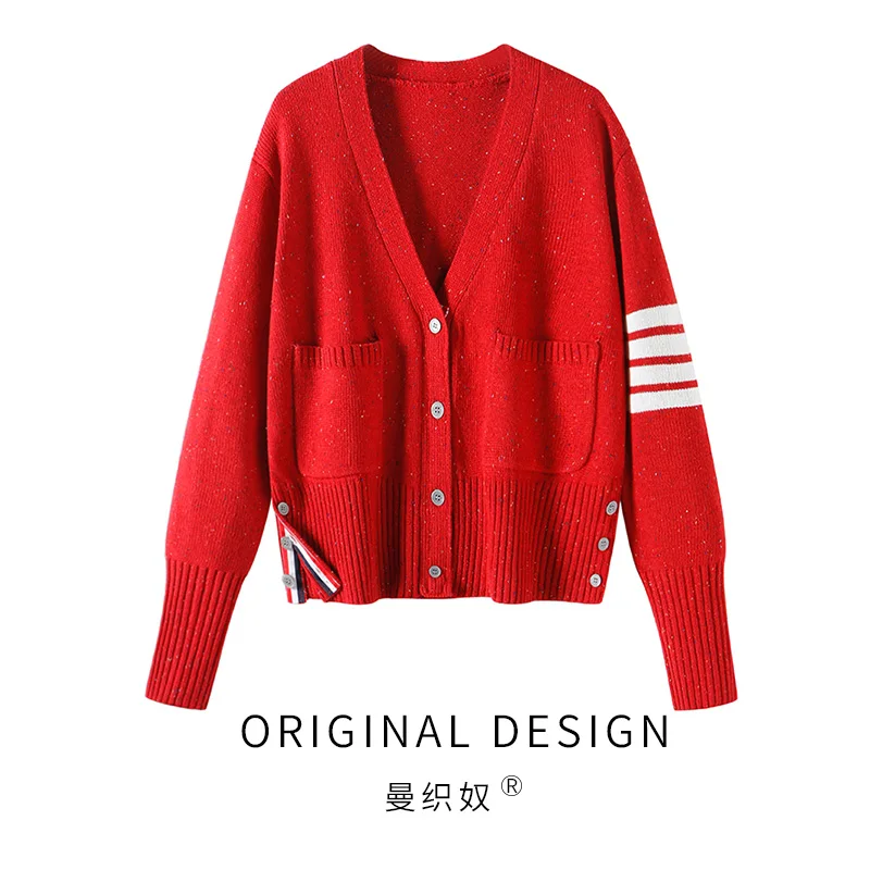 

New Year's Red Sweater Woman Early Spring New Vintage Dotted Long Sleeve Knitted Shirt Outside Academic Style TB Cardigan Jacket