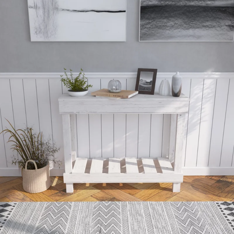 Woven Paths Farmhouse Reclaimed Wood Small Sofa Table, White entryway table 
Woven Paths Farmhouse Reclaimed Wood Small Sofa Table, White entryway table