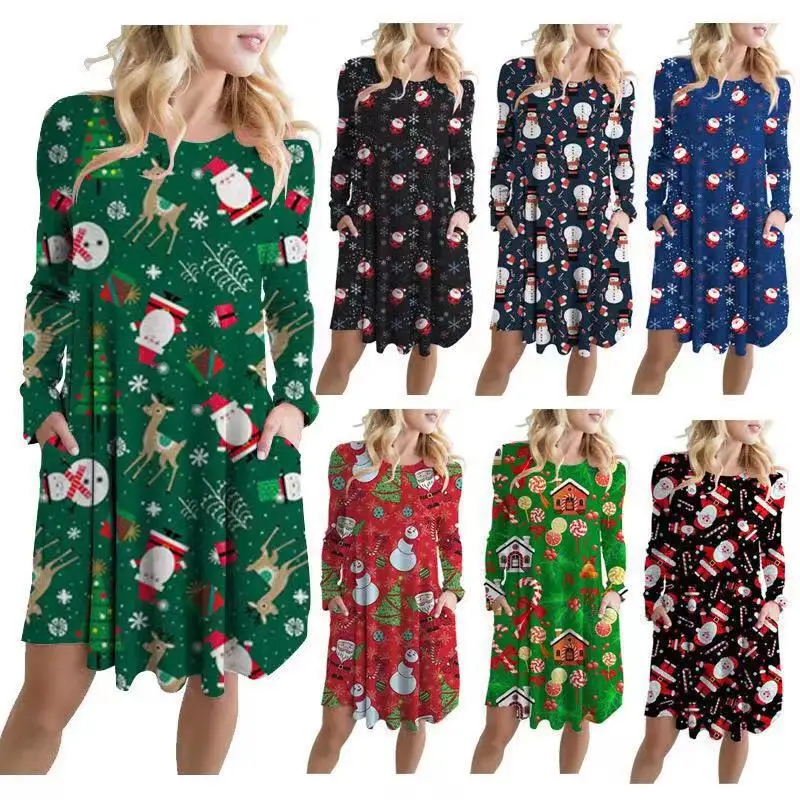 Women Christmas Dress Multi Color Printing Long Sleeve With Pockets Female Autumn Winter Loose Clothing O-Neck Plus Size Casual
Women Christmas Dress Multi Color Printing Long Sleeve With Pockets Female Autumn Winter Loose Clothing O-Neck Plus Size Casual