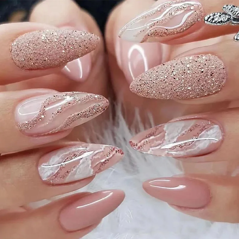

Очаровательные блестящие розовые накладные ногти, короткий французский набор с блестками, милый дизайн ногтей, многоразовые накладные ногти, акриловые накладные ногти с полным покрытием