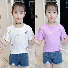 2023 Korea Summer Children Short Sleeve Tops Junior Girl O-Neck T-Shirt Elementary Girl Cotton Sweatshirt Teenager Girl Clothes