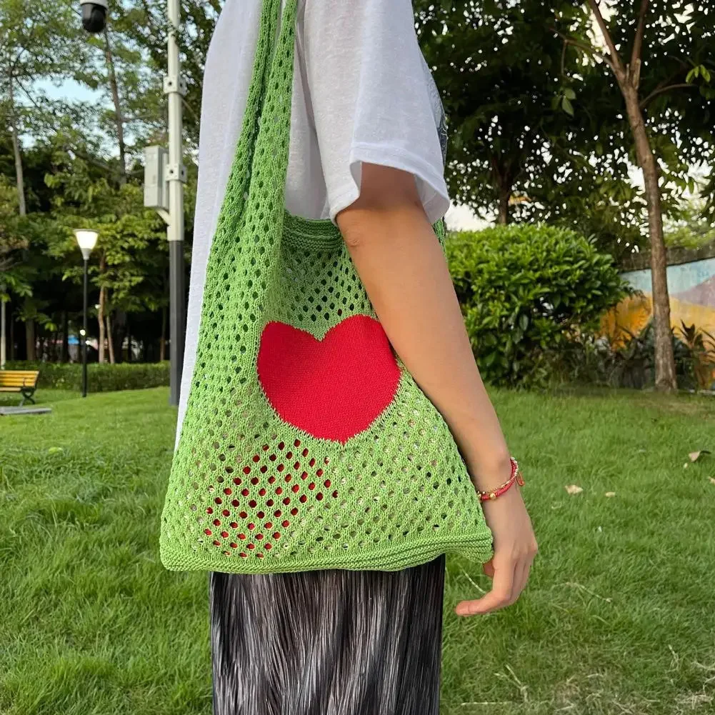 

Women Knitted Shoulder Bag Crochet Heart Pattern Large Capacity Vintage Hollow Out Handbag Tote Bag bolso mujer сумка женская