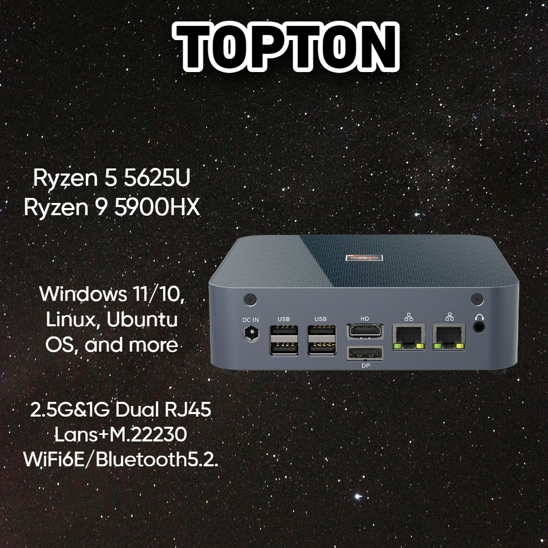 Topton Мини ПК AMD Ryzen 7 5800H R9 5900HX Prozessor Windows 10 Pro NUC Настольный 16 Гб DDR4 512 ГБ SSD HDMI2.0 DP1.4 USB-C 4K @ 60
Topton Мини ПК AMD Ryzen 7 5800H R9 5900HX Prozessor Windows 10 Pro NUC Настольный 16 Гб DDR4 512 ГБ SSD HDMI2.0 DP1.4 USB-C 4K @ 60
