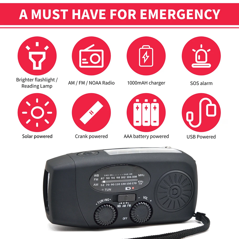 Portable Hand Radio Solar Crank AM/FM/NOAA Weather Radio Emergency Flashlight USB Charging Multifunctional Hand Crank
Portable Hand Radio Solar Crank AM/FM/NOAA Weather Radio Emergency Flashlight USB Charging Multifunctional Hand Crank