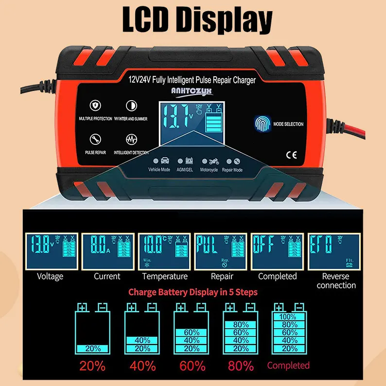 12V/24V smart automatic car battery charger, 6 charging modes and LCD screen, maintain car motorcycle boat lawn mower battery
12V/24V smart automatic car battery charger, 6 charging modes and LCD screen, maintain car motorcycle boat lawn mower battery
