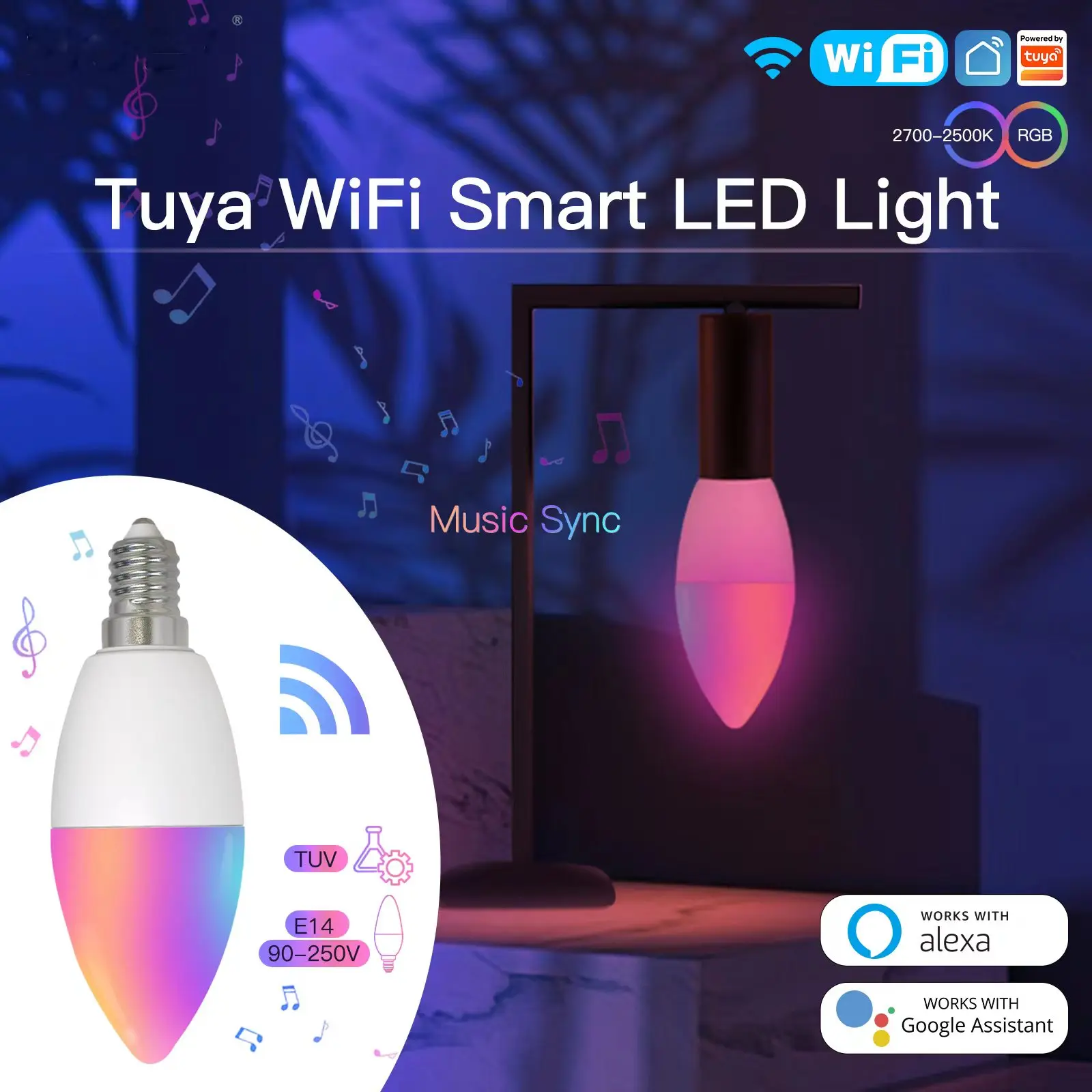 

Умная светодиодсветильник лампа Tuya с Wi-Fi, 90-250 В, 6 Вт, E14, лампа-свеча, 16 миллионов цветов, цветовая температура 2700-6500K, освещение, Alexa Google