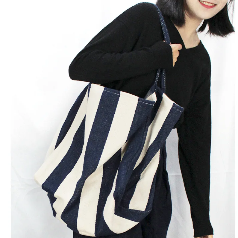 

Корейская винтажная Холщовая Сумка, женская модная вместительная полосатая Сумка-тоут через плечо, маленькая свежая сумка для покупок