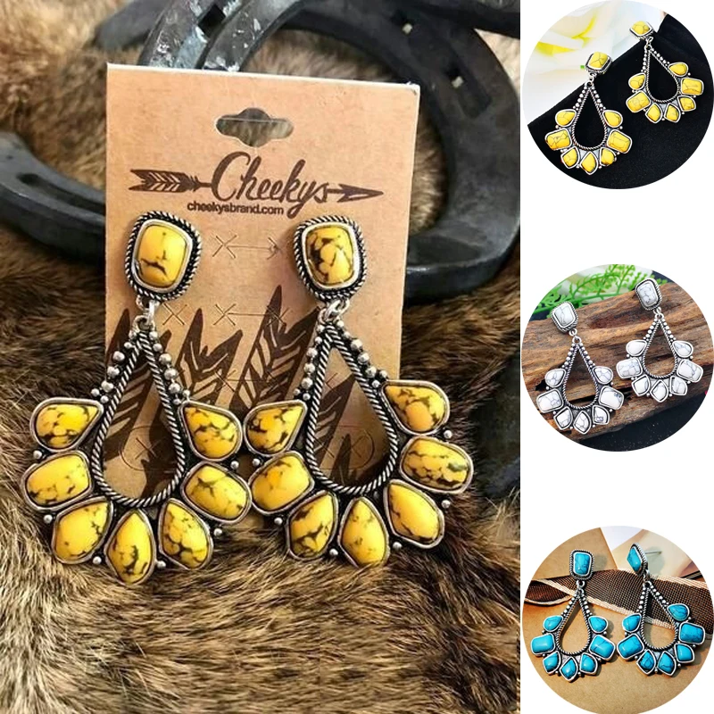 

Pendientes bohemios turquesas para mujer, piedra , Amarillo, Azul, Blanco, Vintage, gota de agua de Metal hueco