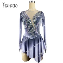 Adult Kids Ice Figure Skating Dress Rhinestone Crystal Long Sleeve Performance Wear Girls Competition Practice Skating Clothes