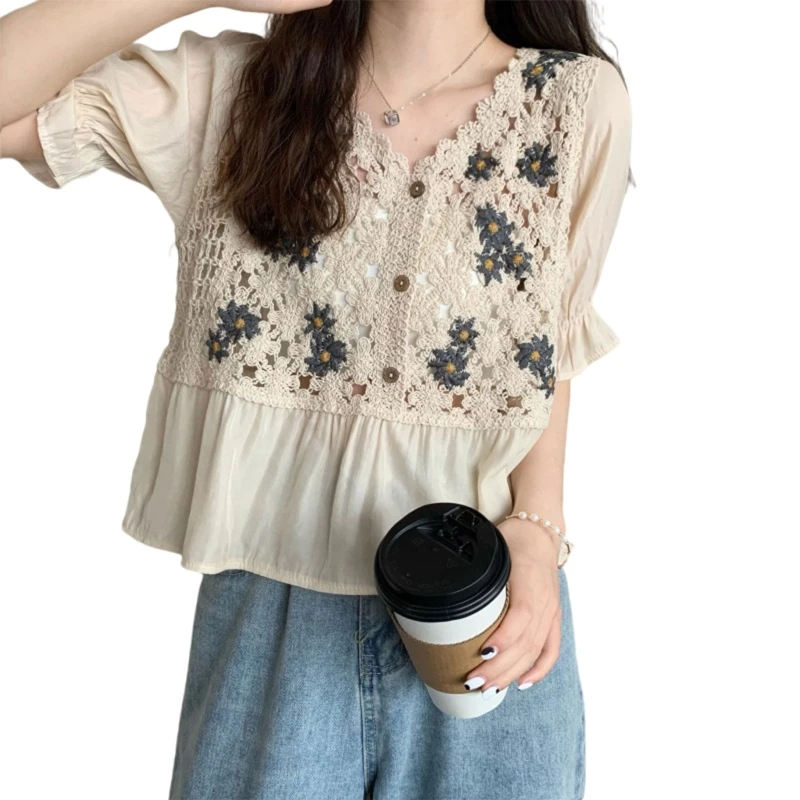 Women Chiffon Puff Half Sleeve Blouse V-Neck Button Up Hollow Crochet Knit Shirt Daisy Embroidery Cover Up Peplum Top
Women Chiffon Puff Half Sleeve Blouse V-Neck Button Up Hollow Crochet Knit Shirt Daisy Embroidery Cover Up Peplum Top