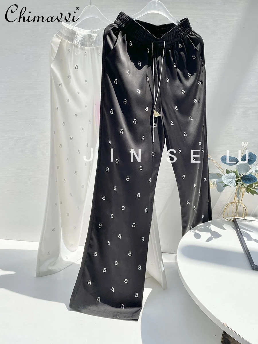 

Acetate Satin High-Grade Wide-Leg Pants Women High Waist Drooping Loose Letters Rhinestone Chic Straight Casual Pants Autumn New
