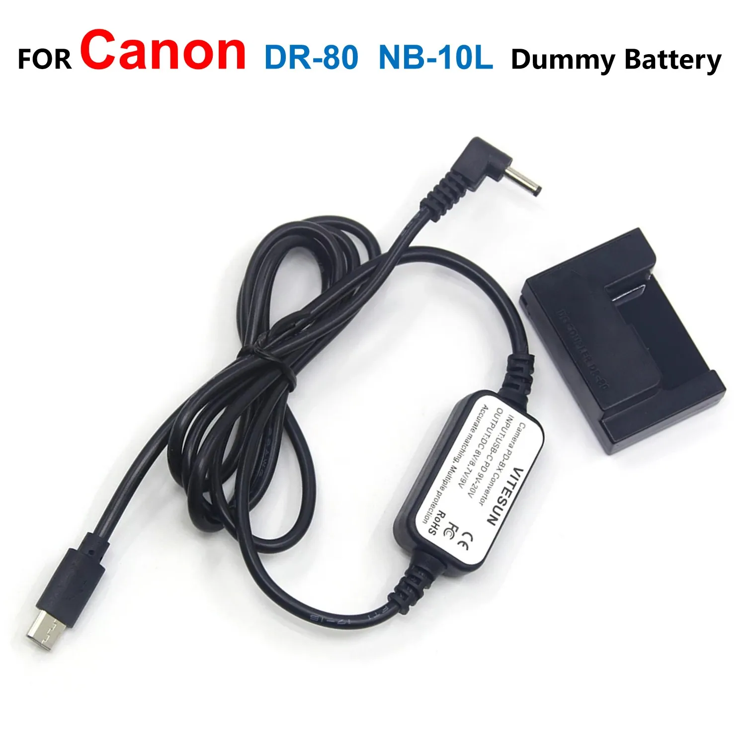 

DR-80 DC Coupler NB-10L Dummy Battery+USB Type-C Power Bank Cable For Canon G1X G3X G15 G16 SX40 SX50 SX60 Powershot SX60HS