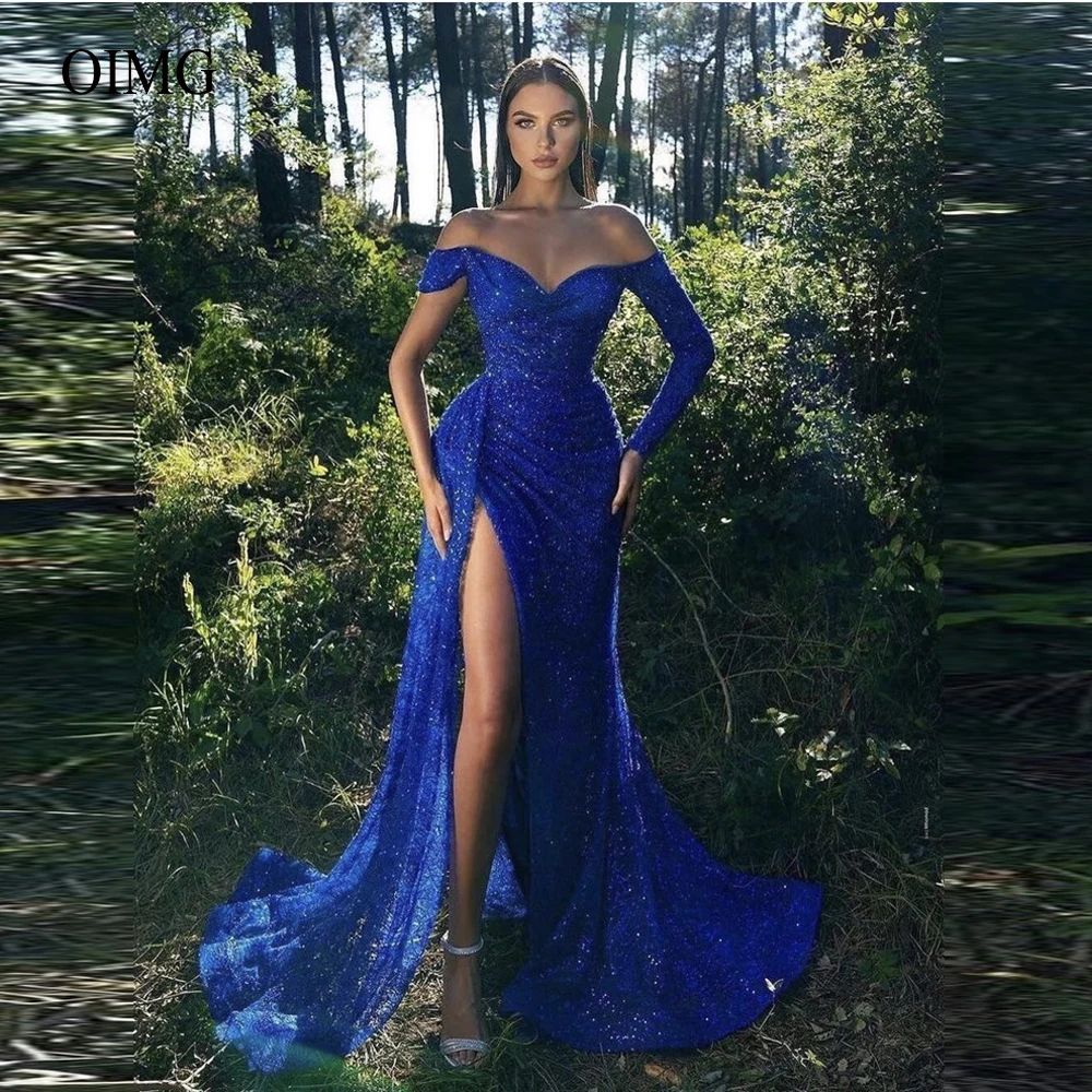 

Вечерние блестящие платья-русалки Королевского синего цвета с открытыми плечами и длинным рукавом, официальное платье с высоким разрезом д...