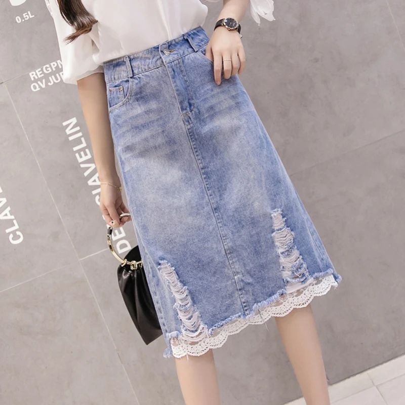 Ladies Mid Length Hole Lace Stitching Denim Skirt Women Casual High Waist Slim Jeans Skirts Korean Fashion Clothing Streetwear
Ladies Mid Length Hole Lace Stitching Denim Skirt Women Casual High Waist Slim Jeans Skirts Korean Fashion Clothing Streetwear