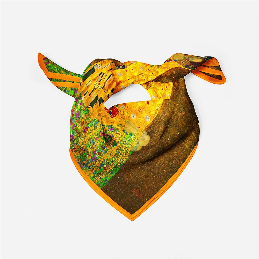 Саржевый Шелковый женский шарф Klimt Kiss с рисунком, Женская бандана, хиджаб, шелковый шарф, повязка на голову, всесезонный шейный платок 53 см