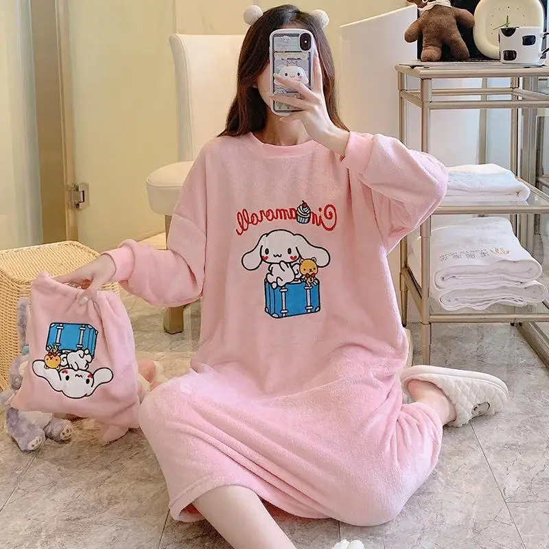 

New Kawaii Sanrio Cinnamoroll Mickey Mouse Plush Nightgown Home Wear Plus Size Winter Cartoon Ins Christmas Gift for Girlfriend