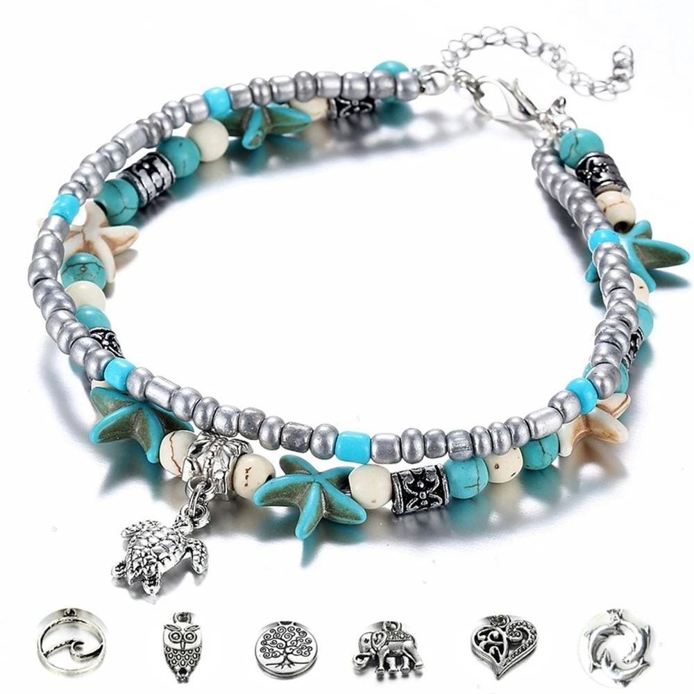 

Boho Turquoise Women's Double Anklet Shell Starfish Turtle Tree of Life Elephant Sandals Barefoot Beach Ankle Foot Jewelry Gifts