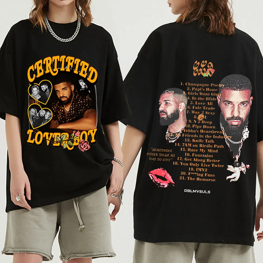 Certified Lover Boy Album Double Sided Print T-shirts Hip Hop Rapper Drake Boys Tees Men's Fashion Casual Short Sleeve T Shirt
Certified Lover Boy Album Double Sided Print T-shirts Hip Hop Rapper Drake Boys Tees Men's Fashion Casual Short Sleeve T Shirt