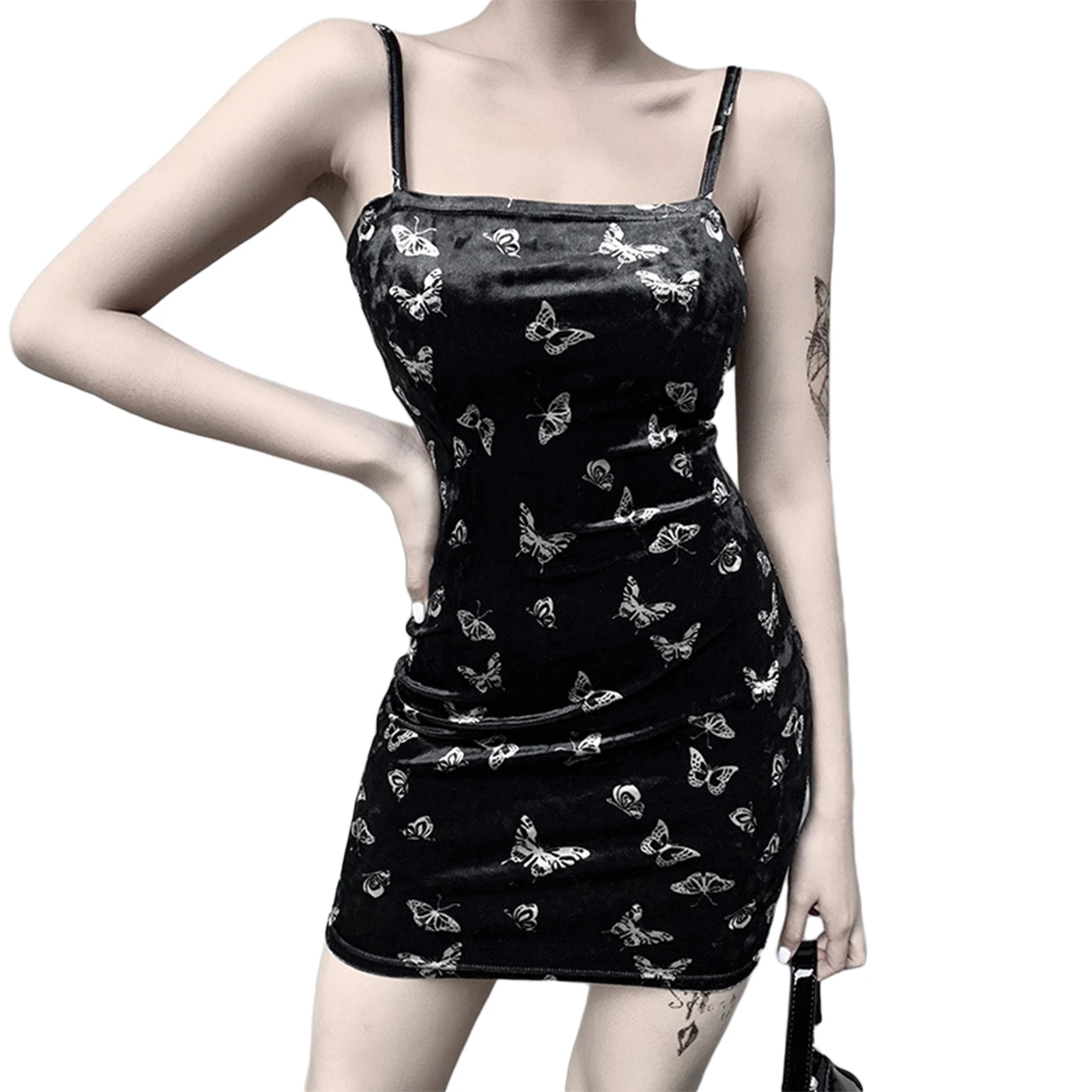 Women Suede Skinny Sling Dress Butterfly Print High Waist Wrapped Hip Polyester Summer Spaghetti Strap Bodycon Dresses 
Women Suede Skinny Sling Dress Butterfly Print High Waist Wrapped Hip Polyester Summer Spaghetti Strap Bodycon Dresses