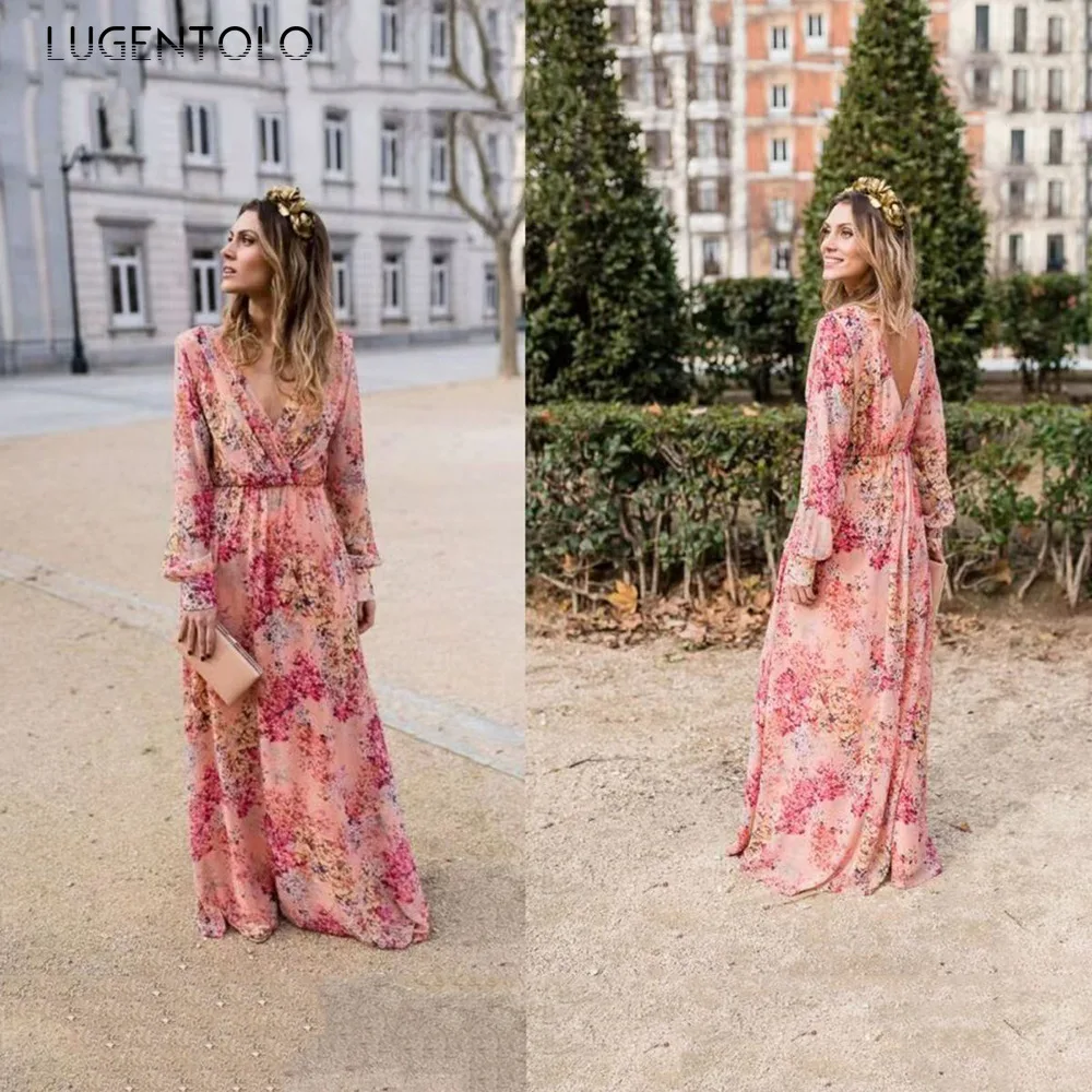 Women Sexy Dress Long Sleeve Summer Print Slim Party Dresses Female V-neck Pink Big Swing Pullover Long Dress
Women Sexy Dress Long Sleeve Summer Print Slim Party Dresses Female V-neck Pink Big Swing Pullover Long Dress
