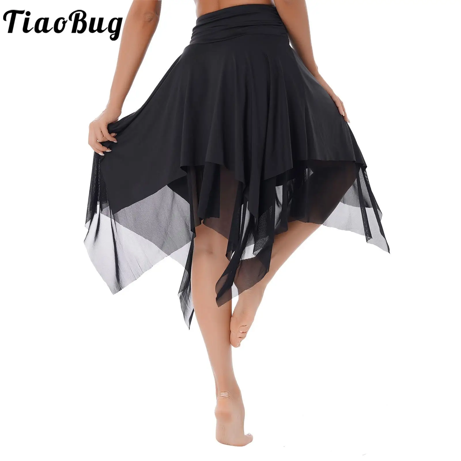

Tiaobug Womens Pure Color Ruffled Double Layers Dance Mesh Skirts Ruched Waistband Asymmetrical Hem Skirts for Belly Dancewears