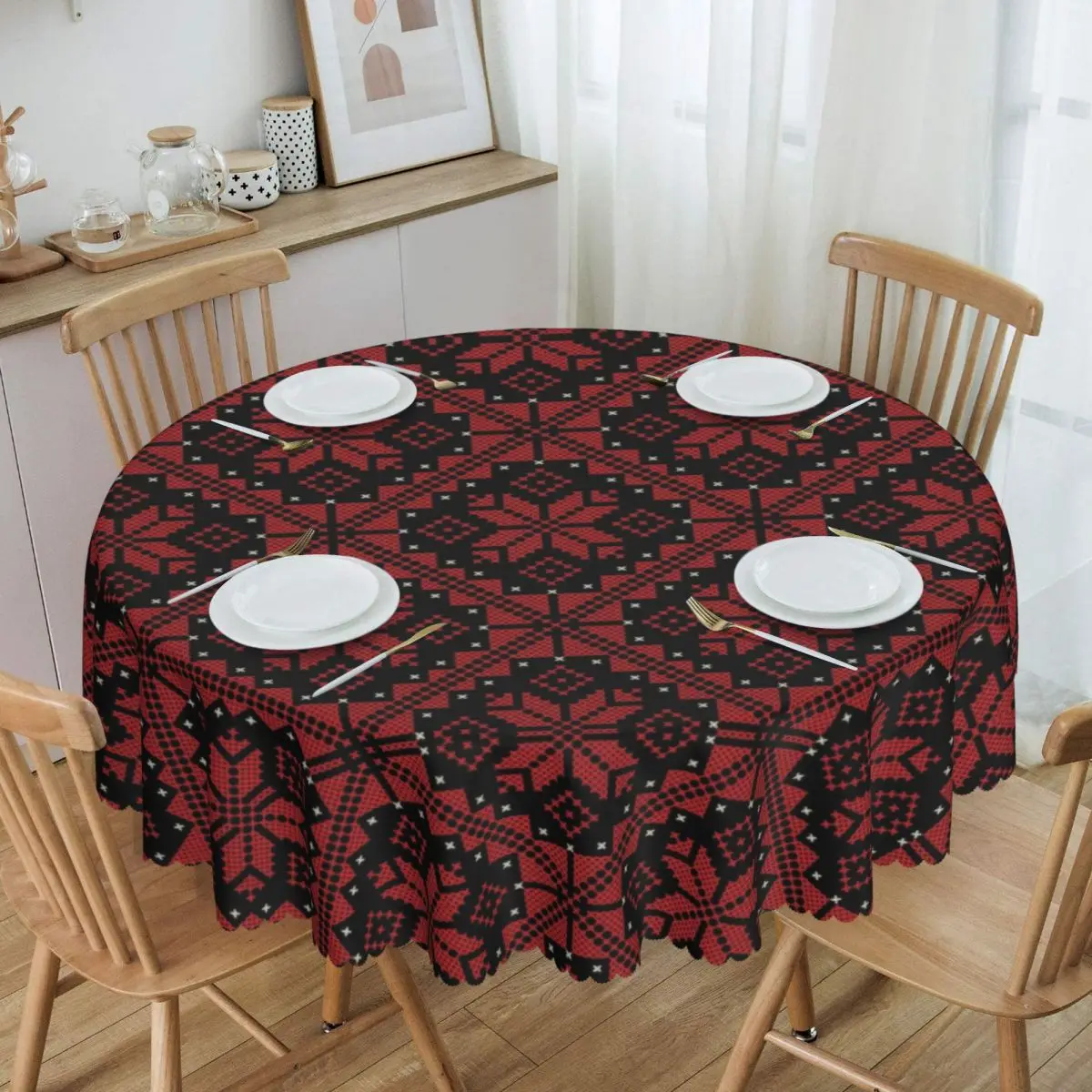 Round Waterproof Palestinian Tatreez Cross Embroidery Art Table Cover Palestine Tablecloth for Dining 60 inches Table Cloth 
Round Waterproof Palestinian Tatreez Cross Embroidery Art Table Cover Palestine Tablecloth for Dining 60 inches Table Cloth