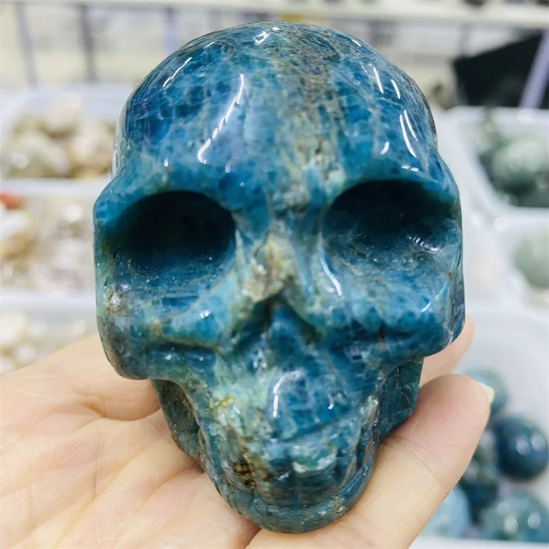 

Природный драгоценный камень синий фосфор резной полированный череп религиозный медитационный камень волшебный череп домашний декор энергетическое Исцеление