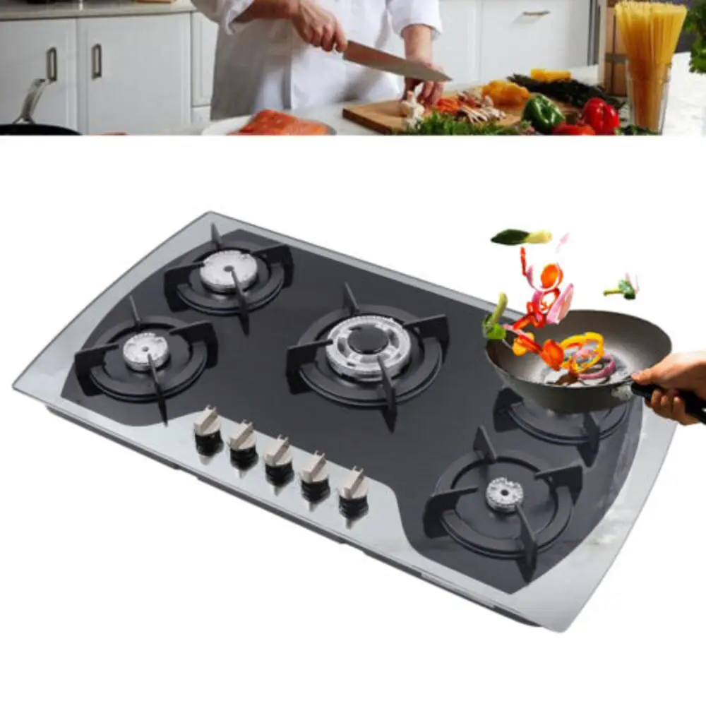 

Bymaocar Built-in Stainless Steel 5 Adjustable Hob Burners Stove Cooktop Propane LPG/NG Gas Cooker Commercial Cooking Appliance