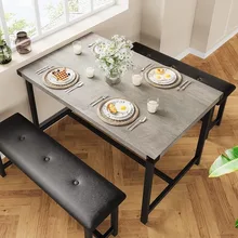 Kitchen 2 Upholstered Benches Dining Table Set for 4, Retro Grey wooden table top