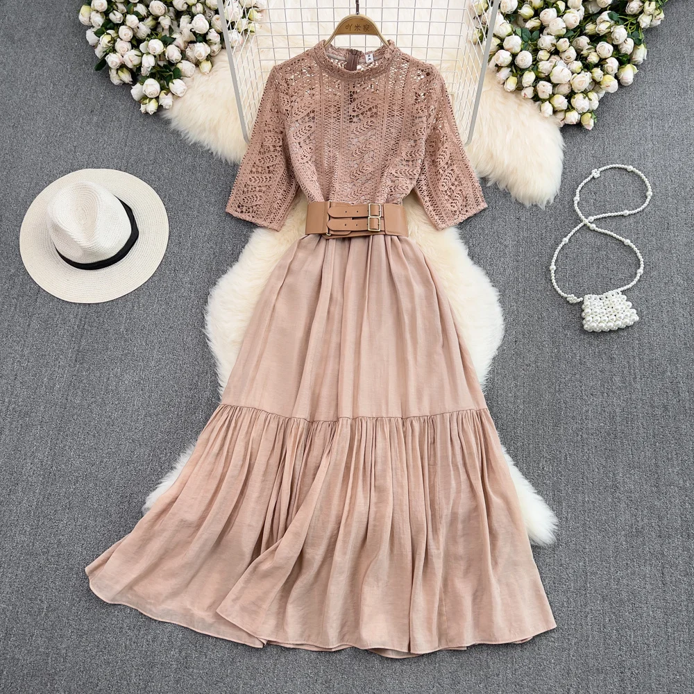 2022 Summer Stand Lace Hollow Out Waist Slim A Lune Big Swing Mid-Calf Casual Dress for Women M510
2022 Summer Stand Lace Hollow Out Waist Slim A Lune Big Swing Mid-Calf Casual Dress for Women M510
