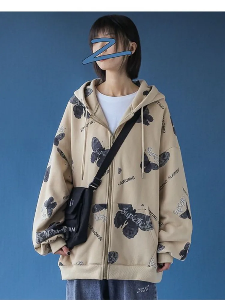 Hooded sweater women's autumn new fashion brand college style butterfly print casual loose zipper coat
Hooded sweater women's autumn new fashion brand college style butterfly print casual loose zipper coat