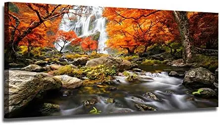 

Landscape Canvas Waterfall Nature Forest Scenery Painting, Modern Scene Artwork Mountain Scenery Picture Framed for Living Roo