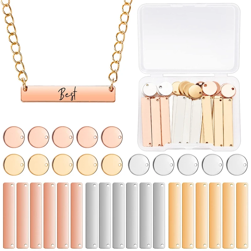 30 Pieces Stamping Blank Tag Pendants, 15 Rectangle Stamping Blank Bar Charms Horizontal Tag And 15 Round Blank Pendant 
30 Pieces Stamping Blank Tag Pendants, 15 Rectangle Stamping Blank Bar Charms Horizontal Tag And 15 Round Blank Pendant
