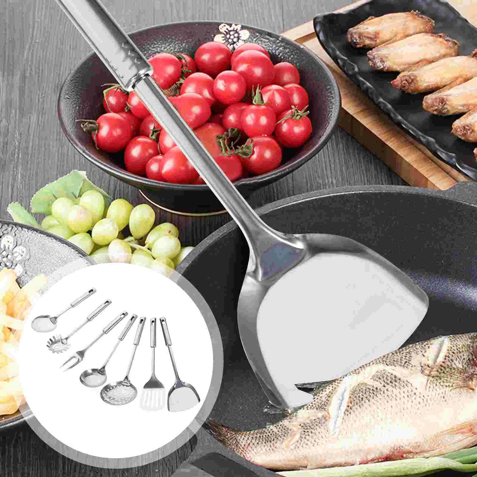 

Cooking Kitchen Stainless Steel Set Utensils Utensil Spatula Spoon Kitchenware Tools Gadgets Cookware Colander Sets Soup Turner
