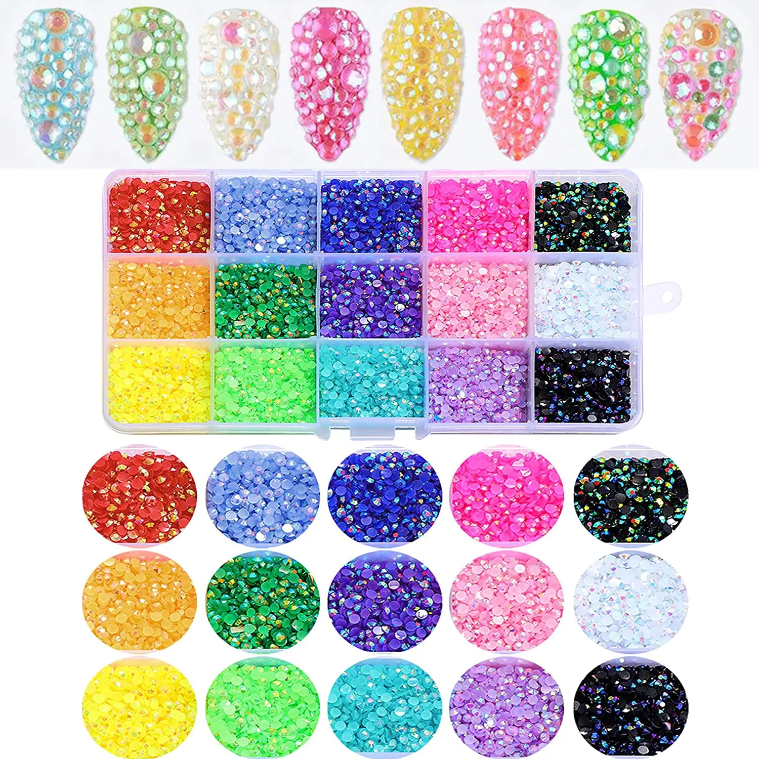 

1Box Jelly Drill Resin Non Hotfix Nail Rhinestone，Mixed AB Aurora Crystal Bead Flatback Nail Gem Stones，Colorful Manicure Decor