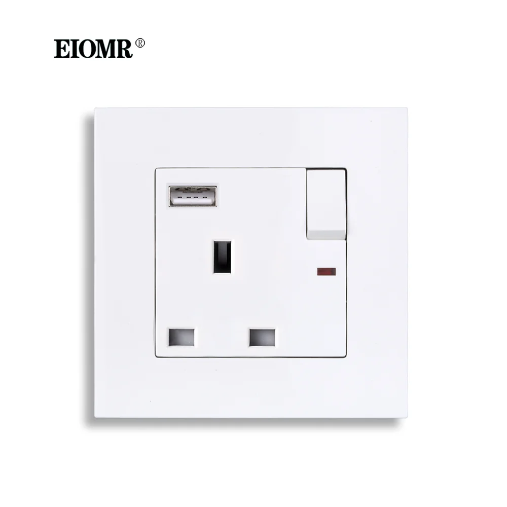 

EIOMR UK Standard Wall Socket with LED Indicators Switch 110V-250V 13A Flame Retardant PC Panel 5V 2.1A USB Charge Power Outlet