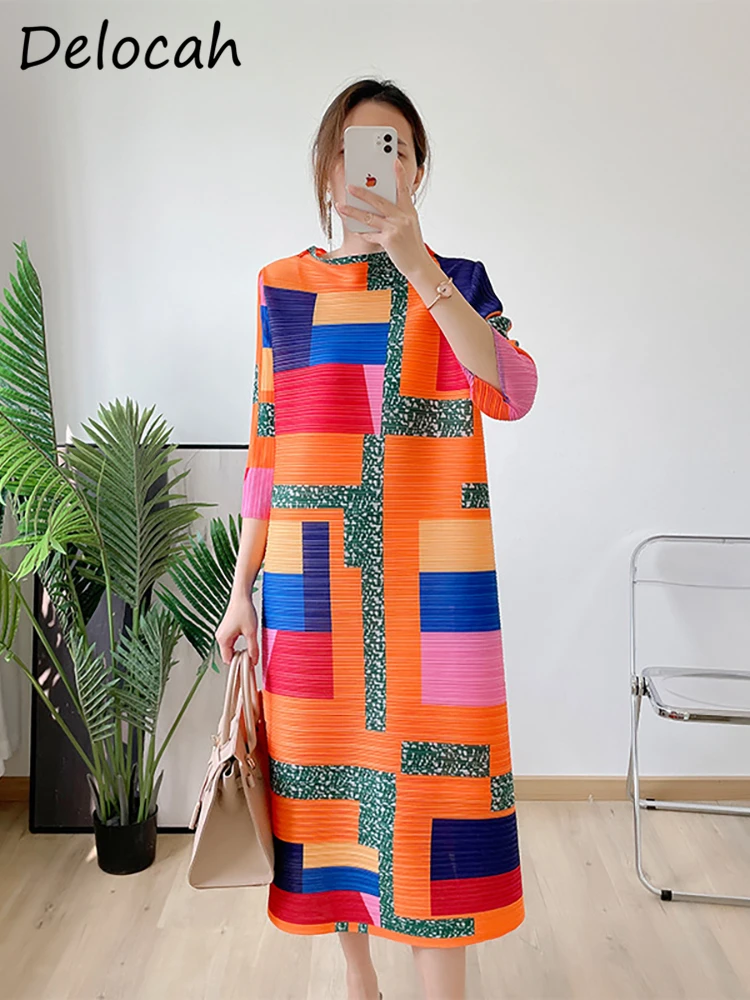 Delocah High Quality Autumn Women Fashion Runway Midi Dress 3/4 Sleeve Geometric Multicolor Print Draped Loose Pleated Dresses
Delocah High Quality Autumn Women Fashion Runway Midi Dress 3/4 Sleeve Geometric Multicolor Print Draped Loose Pleated Dresses