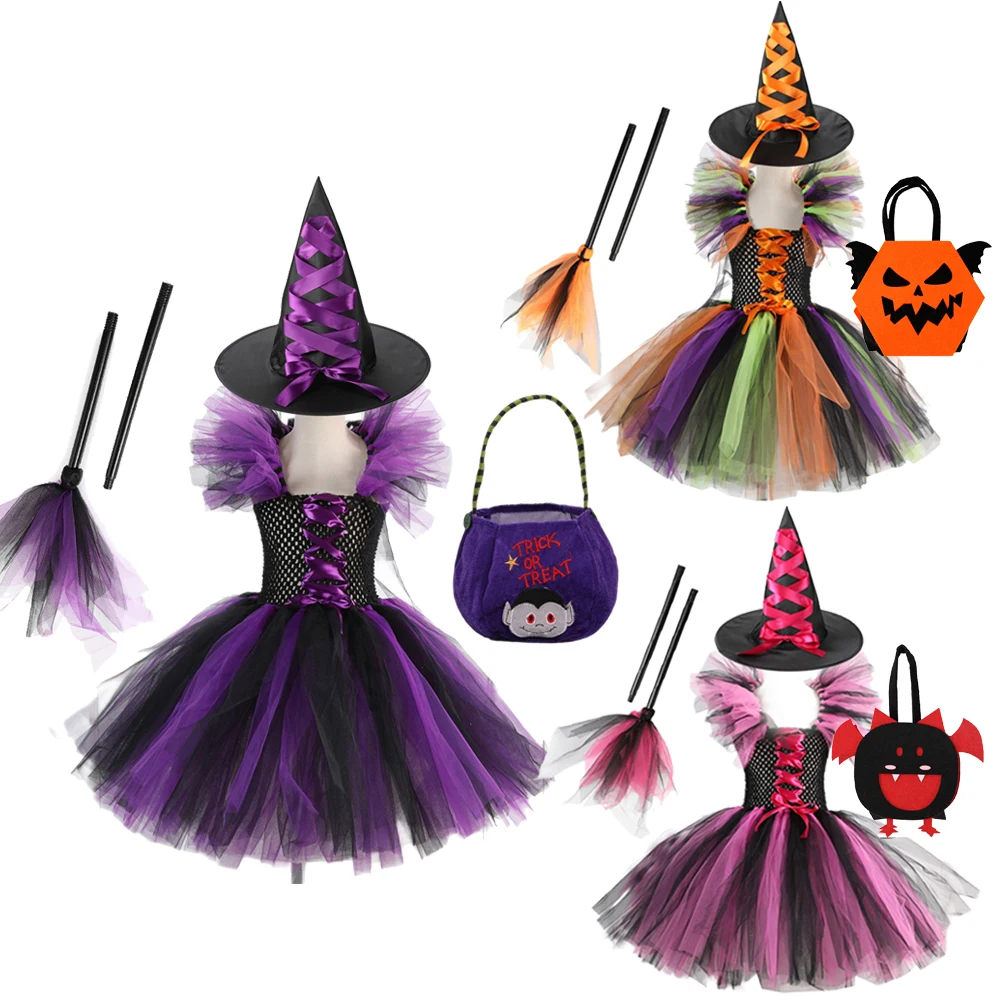 

Детский костюм ведьмы, карнавальный костюм для маленьких девочек на Хэллоуин, яркая одежда для косплея, платье-пачка с шляпой, метлой, сумкой в виде тыквы, женское платье