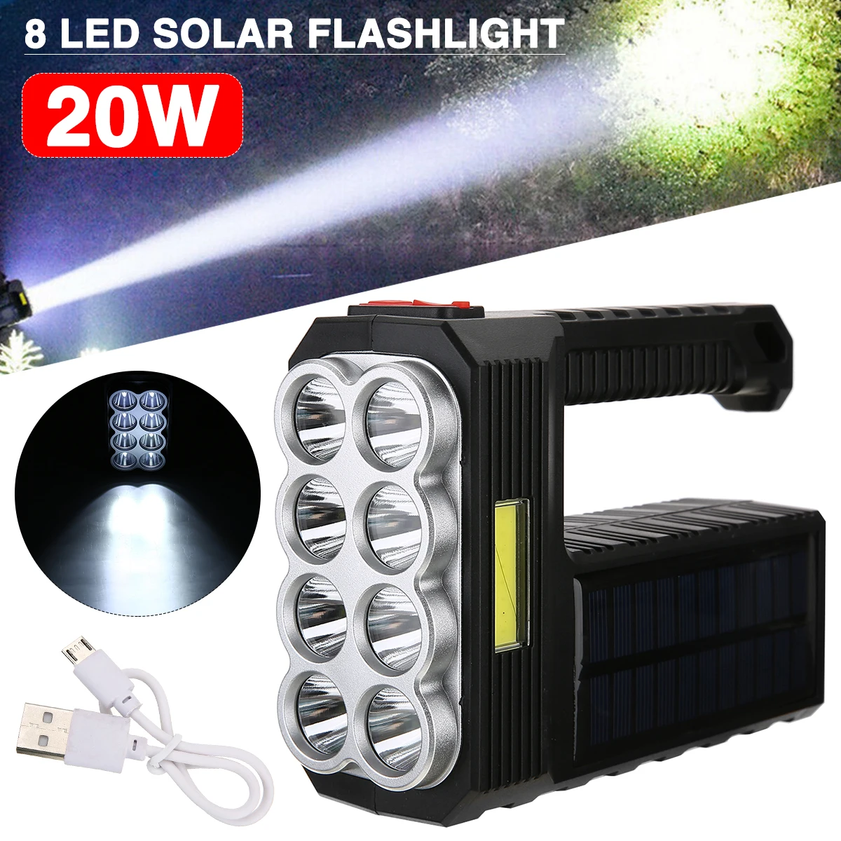 8 LEDs Flashlight USB Rechargeable Handheld Camping Lamp Portable LED Solar Searchlight Hand Torch Camping Flashlights
8 LEDs Flashlight USB Rechargeable Handheld Camping Lamp Portable LED Solar Searchlight Hand Torch Camping Flashlights