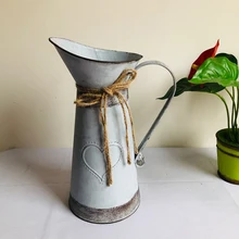 Antique With Handle Bucket Farmhouse Bowknot Design Heart Shape Dinner Table Iron Art Rural Vase Bottle Rope Home Decor Rustic
