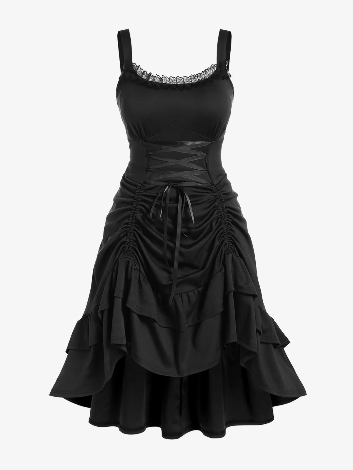 

ROSEGAL Plus Size Lace-Trim Lace-up Layered Straps Dress Robe 2023 Summer Black Ruffled Cinched Sleeveless Midi Dresses Vestidos