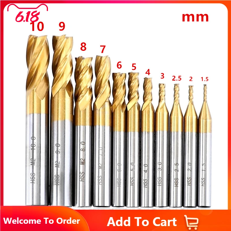 1.5-10mm End Mill 4 Flute HSS Titanium Coated Milling Cutter Set CNC Tool Router Bit For Metal Steel Milling 
1.5-10mm End Mill 4 Flute HSS Titanium Coated Milling Cutter Set CNC Tool Router Bit For Metal Steel Milling