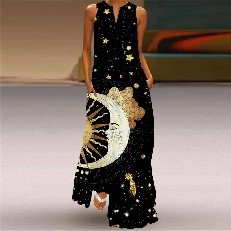 2022 Black Long Dress Spring Summer Beach Casual Holiday Moon Star Print Dresses Women Party Elegant Sleeveless Loose Vestidos
2022 Black Long Dress Spring Summer Beach Casual Holiday Moon Star Print Dresses Women Party Elegant Sleeveless Loose Vestidos