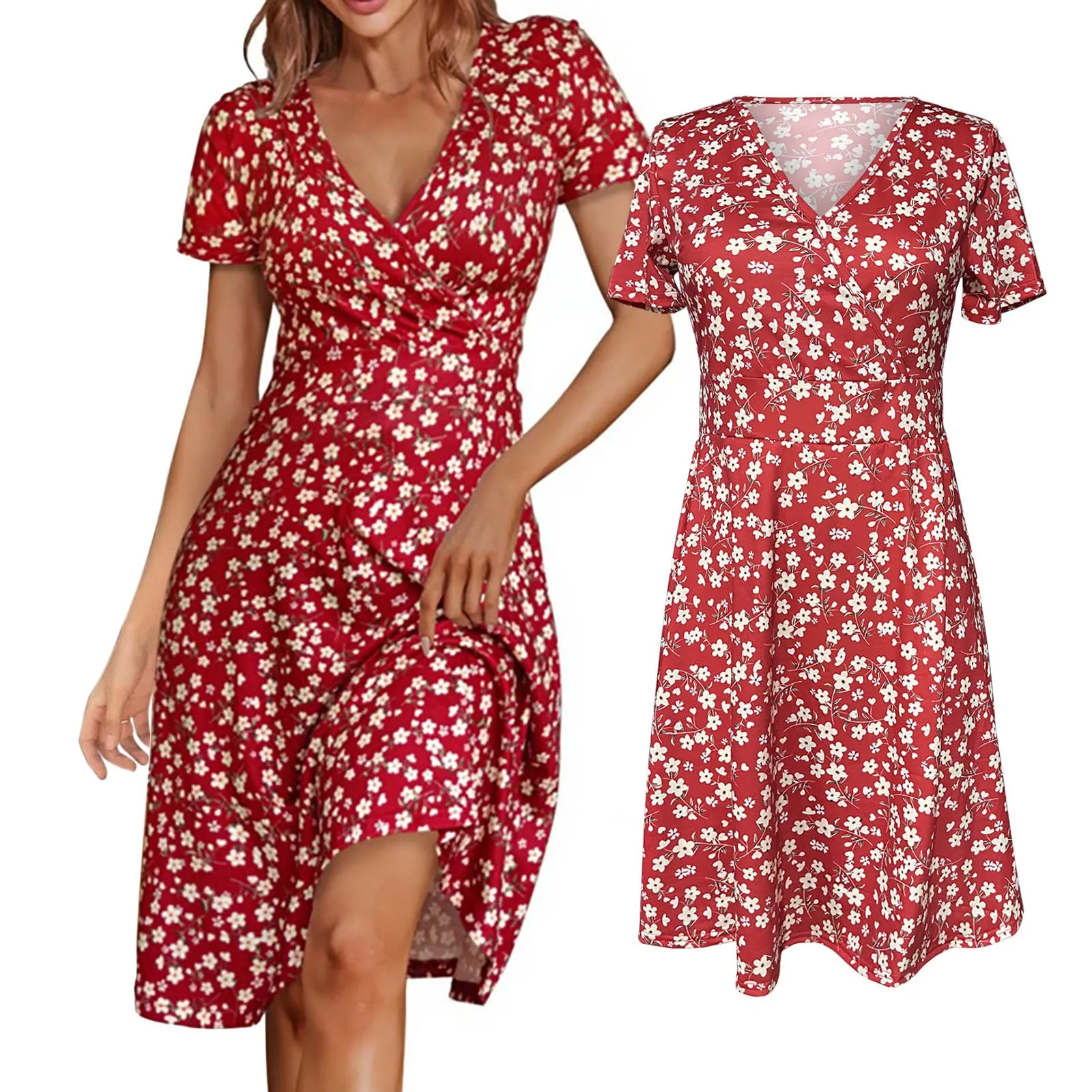 

Summer Floral Mini Dress Women Boho Ruche Bust Short Sleeve Sundress Ruffles Cross V Neck High Waist A-line Party Dress Robe