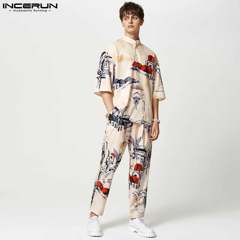 2023 Men Sets Printing Streetwear Loose Stand Collar Half Sleeve Shirt & Elastic Waist Pants 2PCS Men Casual Suits S-5XL INCERUN
2023 Men Sets Printing Streetwear Loose Stand Collar Half Sleeve Shirt & Elastic Waist Pants 2PCS Men Casual Suits S-5XL INCERUN