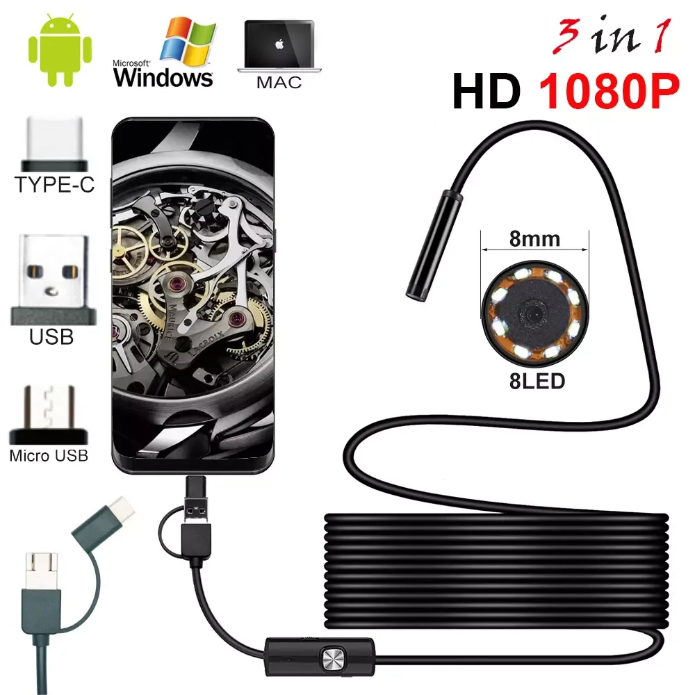 New 8.0mm Endoscope Camera 1080P HD USB Endoscope with 8 LED 1/2/5M Cable Waterproof Inspection Borescope for Android PC
New 8.0mm Endoscope Camera 1080P HD USB Endoscope with 8 LED 1/2/5M Cable Waterproof Inspection Borescope for Android PC