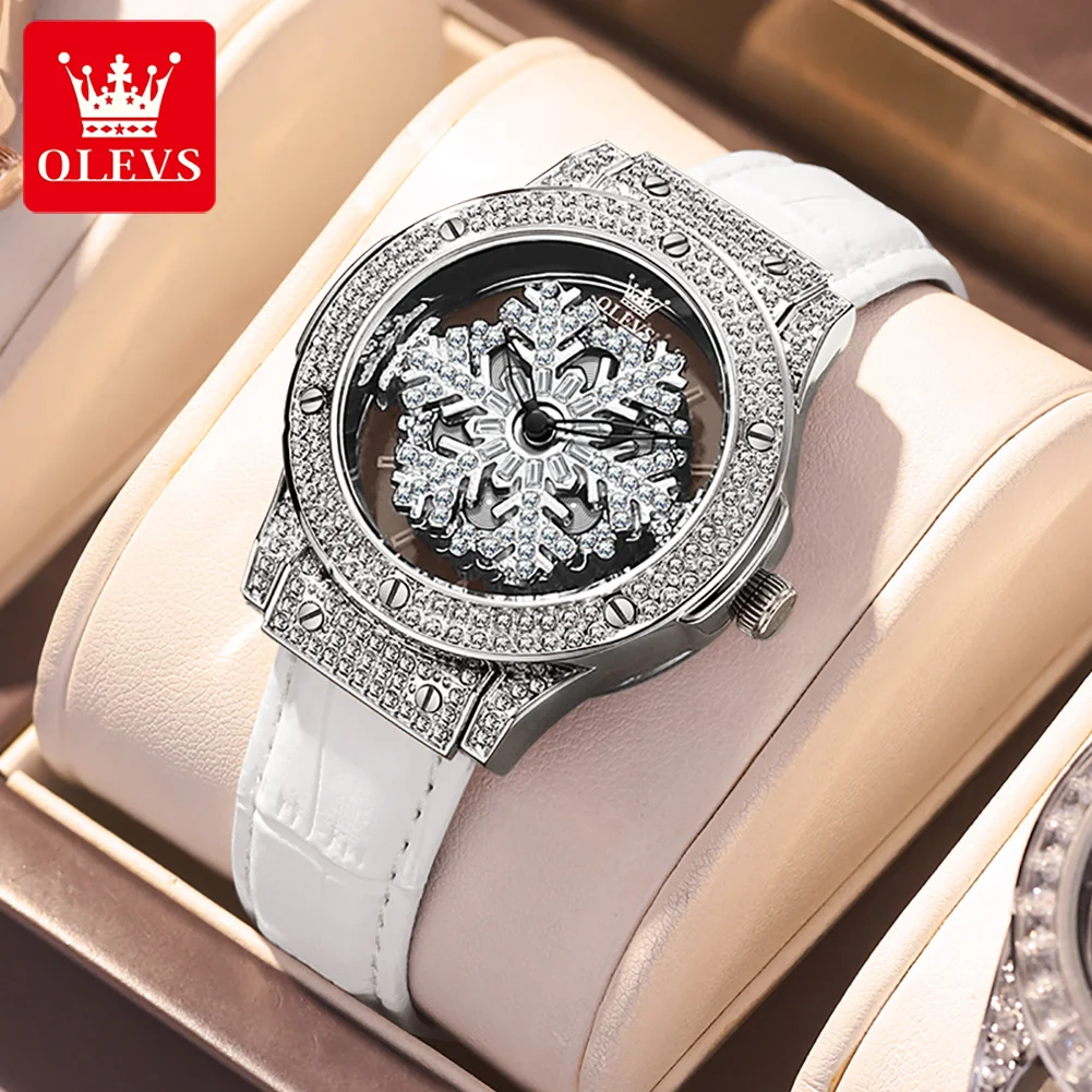 

OLEVS Top Brand 360° Rotate Dial Women Watches Fashion Flash Diamond Snowflake Wrist Watch for Ladies Leather Strap Waterproof