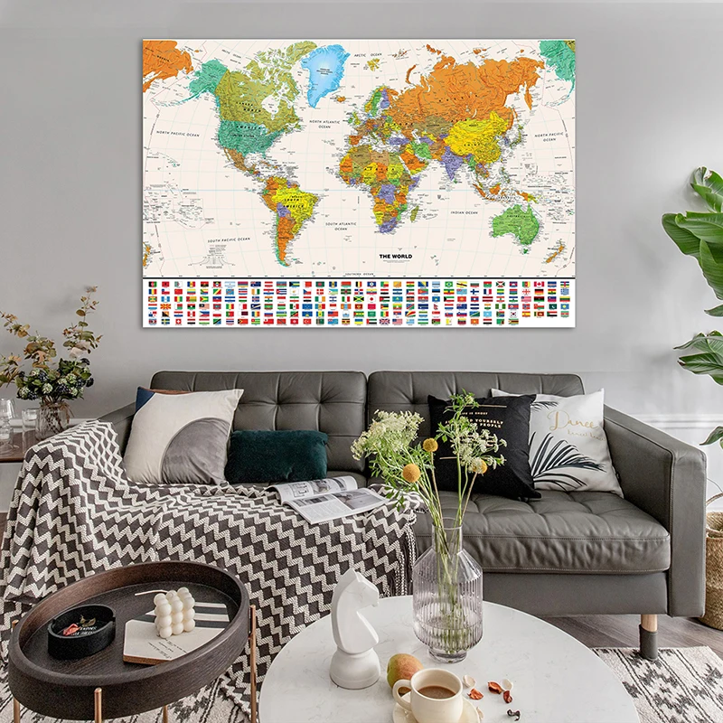 

120*80cm Vintage Map of The World with National Flags Retro World Globe Map Personalized Atlas Poster School Supplies Home Decor