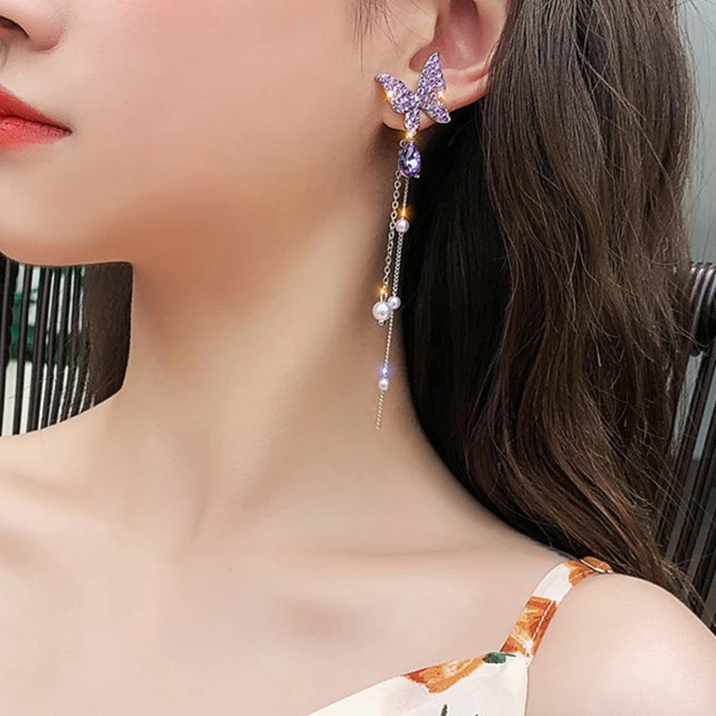 1 Pair Fashion Purple Butterfly Rhinestone Drop Dangle Earrings Women Elegant Long Pearl Tassel Chain Pendant Party Jewelry
1 Pair Fashion Purple Butterfly Rhinestone Drop Dangle Earrings Women Elegant Long Pearl Tassel Chain Pendant Party Jewelry
